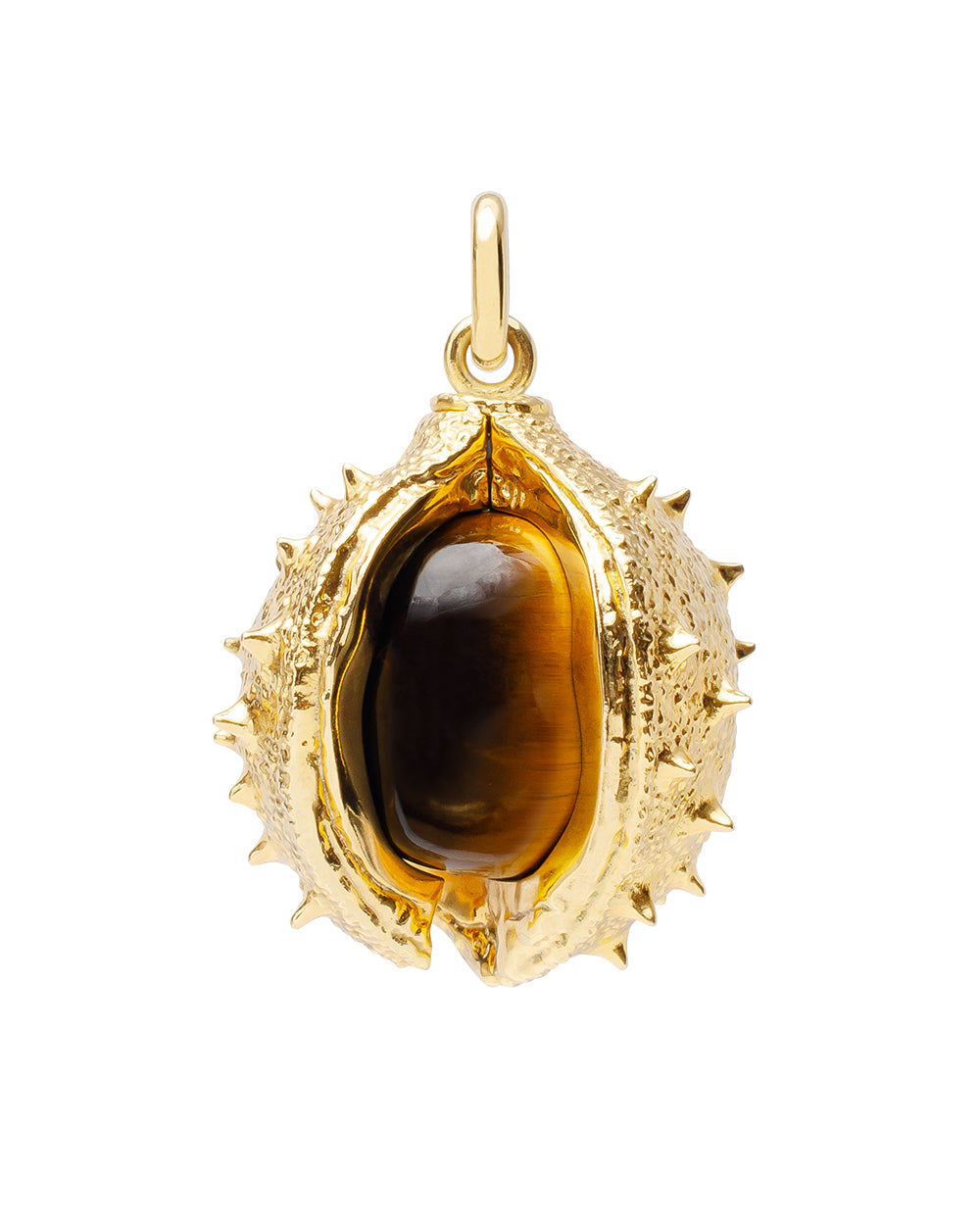 K03 Chestnut pendant made of brass plated with 24K gold with tiger&#39;s eye / diameter 30 mm / tiger&#39;s eye 50.27 ct
